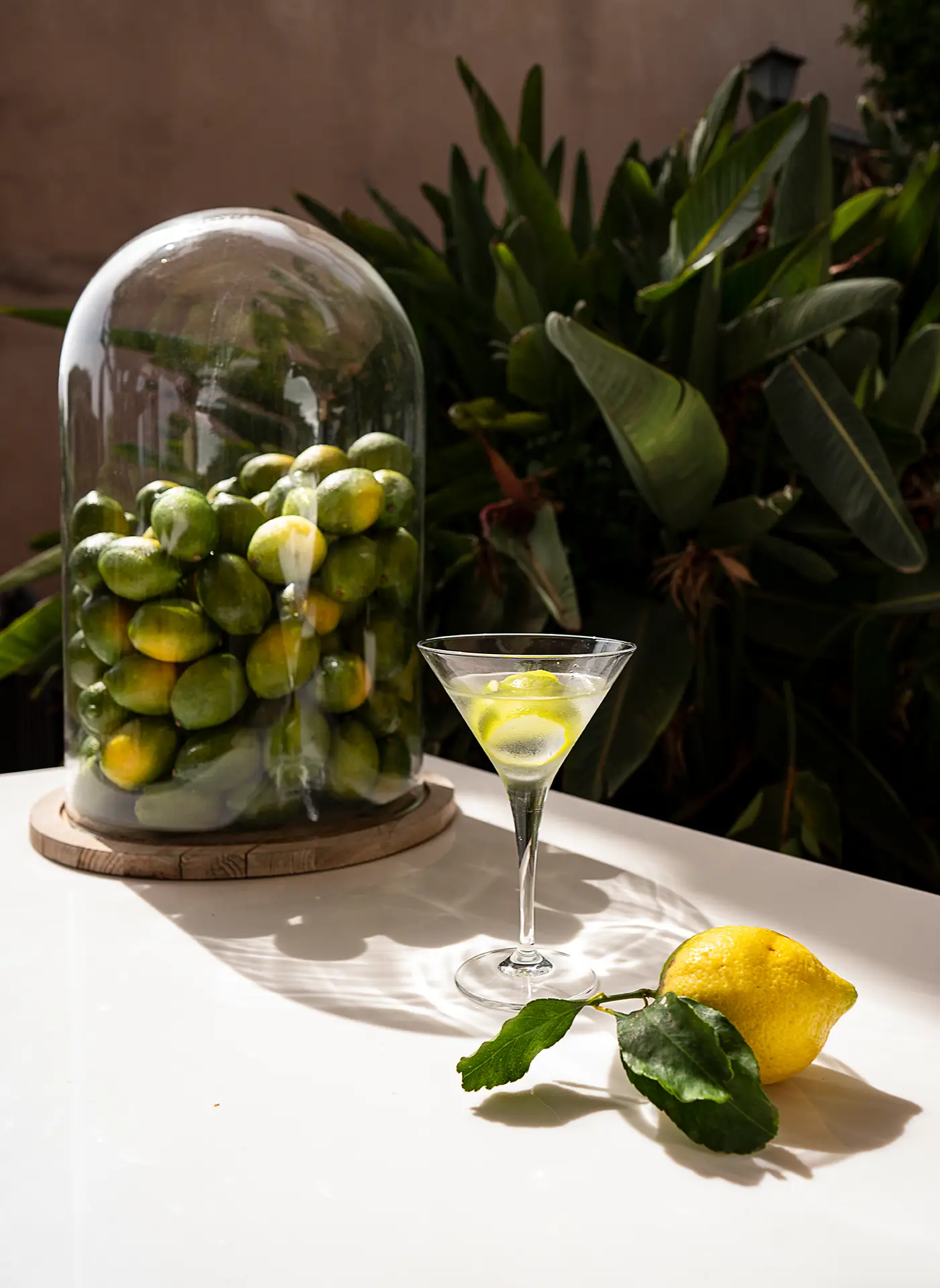 Primo piano di un cocktail martini e agrumi su un tavolo al sole, con vista sul Tempio della Concordia a Villa Athena.
